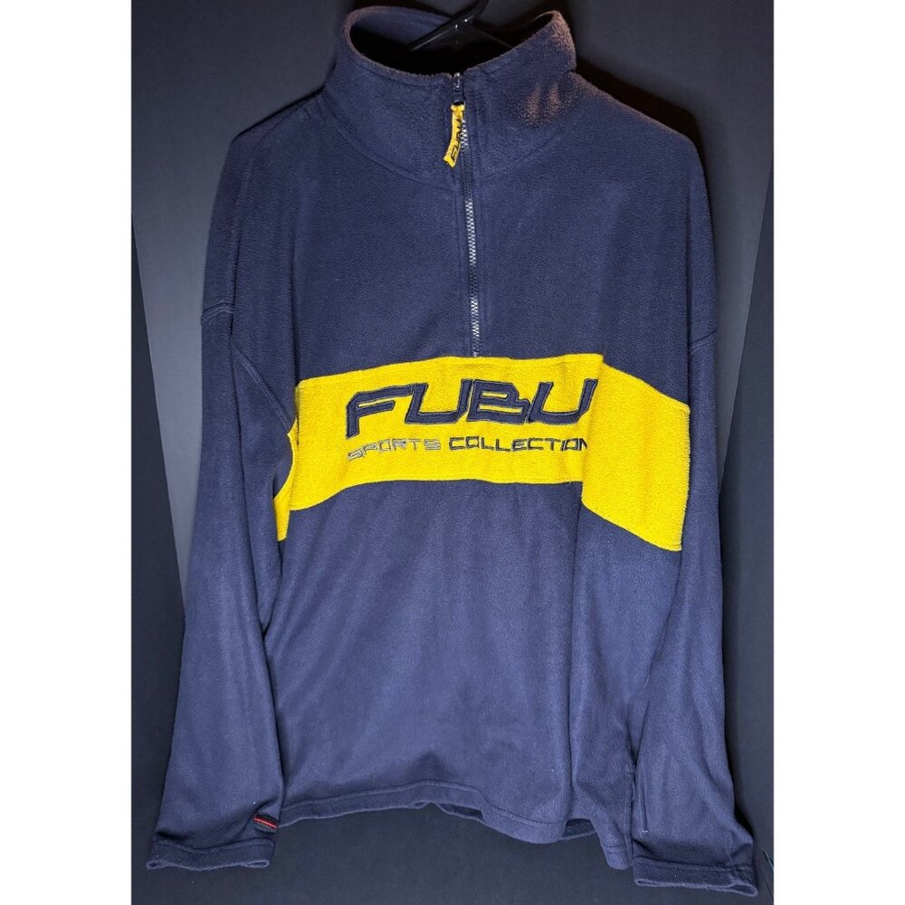 Vtg FUBU Sport Mens 2XL Blue Pullover Quarter Zip Fleece Mock Neck Streetwear